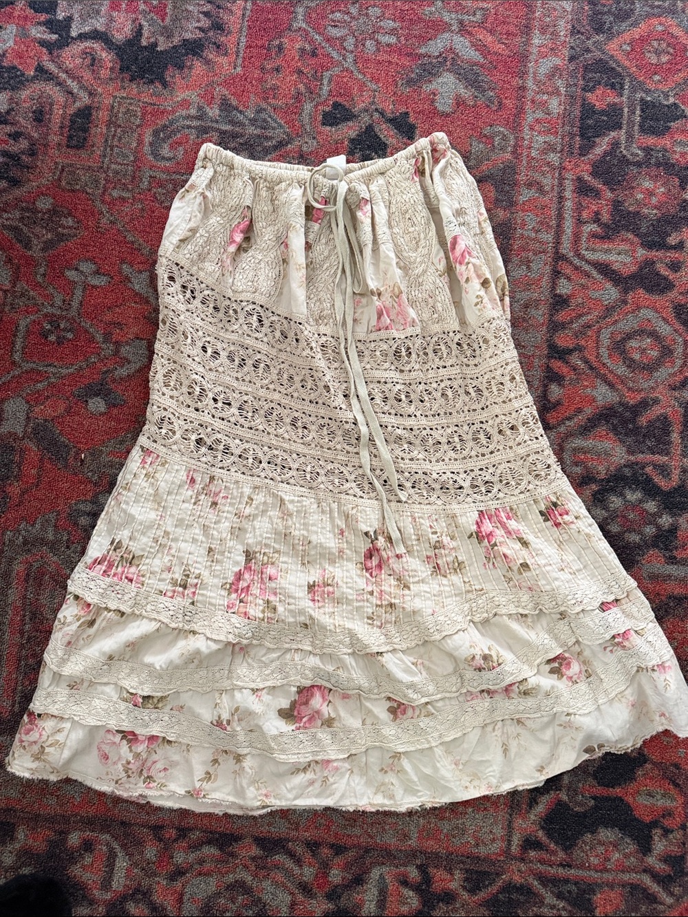 Magnolia Pearl Cream Skirt with Pink Floral & Crochet Panels